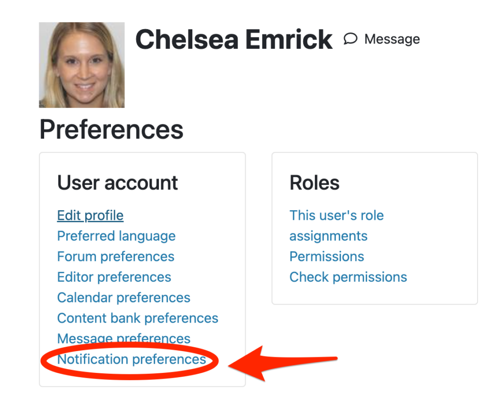 navigation to the Notification preferences in Moodle