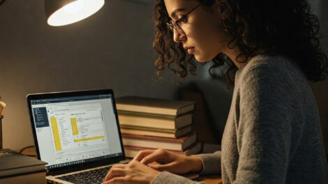 a person sitting at a desk with their laptop open working on Zotero