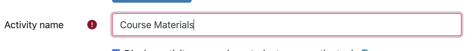 the text "course materials" showing in the Activity name field. 