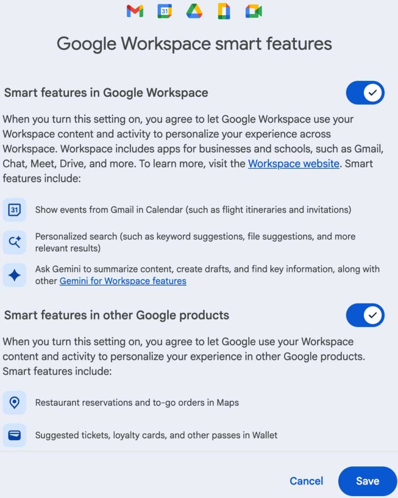 Google Workspace smart features setting sliders.