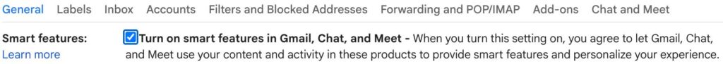 General Gmail settings smart features.