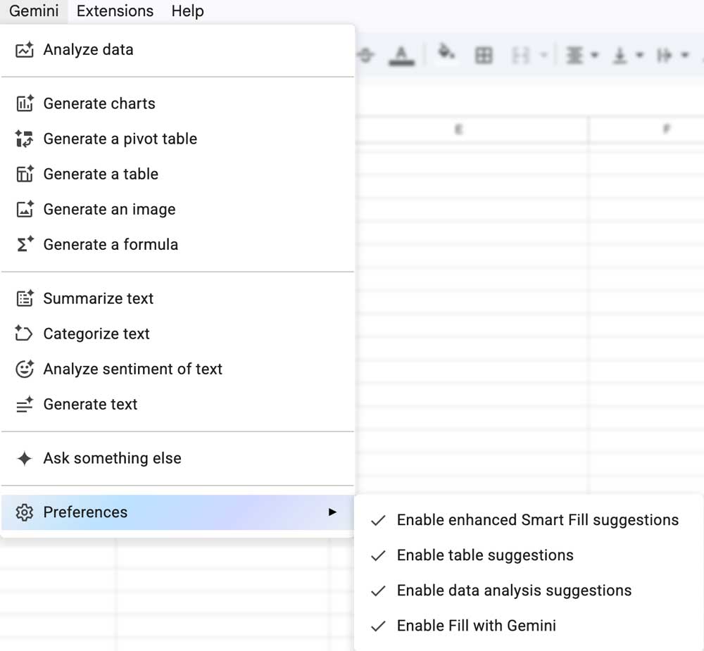 Google Sheets Gemini settings screenshot