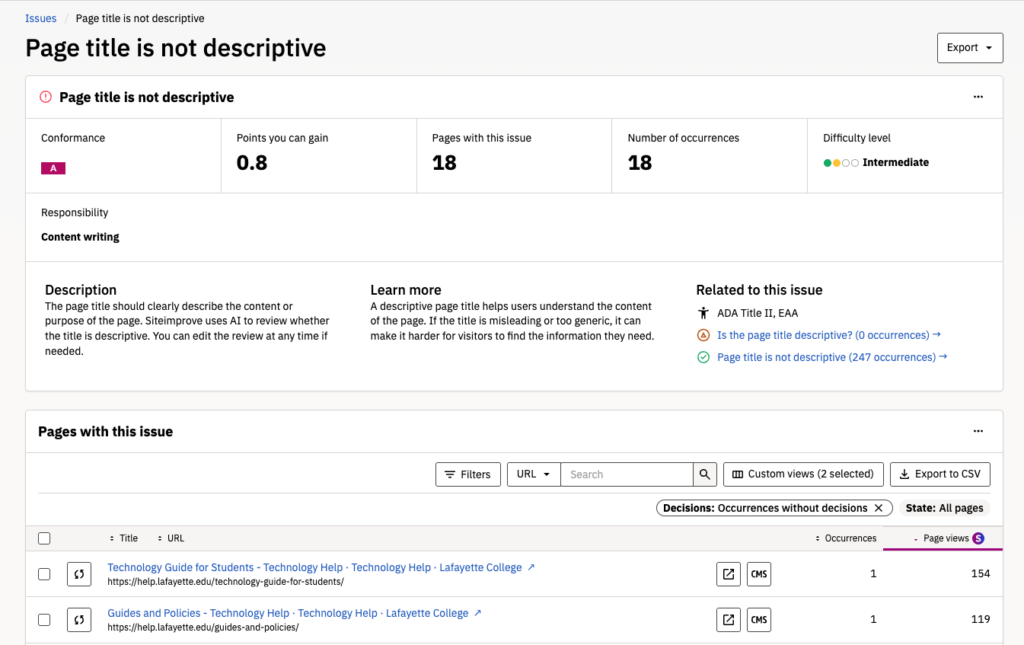 Siteimprove - specific accessibility issue description