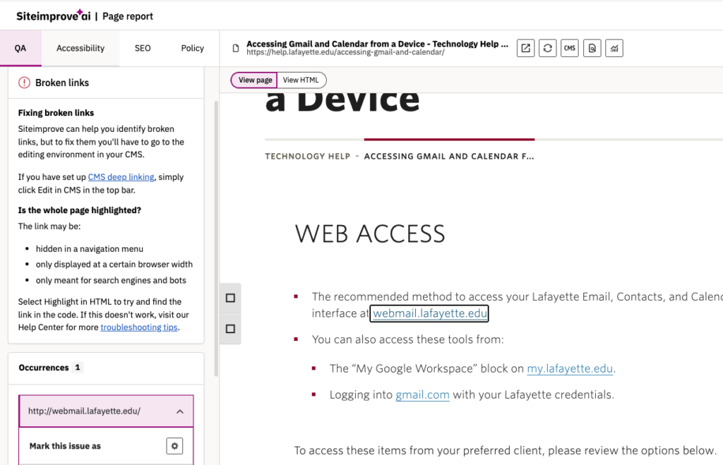 Siteimprove - broken links page interface