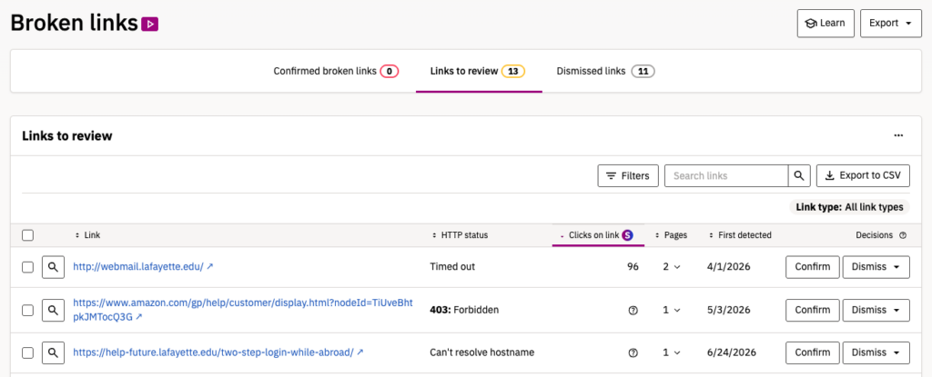 Siteimprove - Broken links overview screen