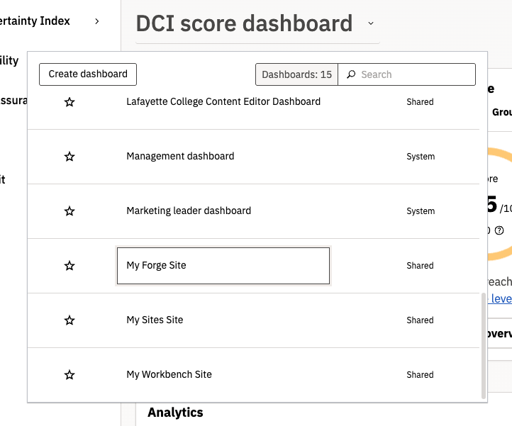 Siteimprove - DCI score dashboard site select