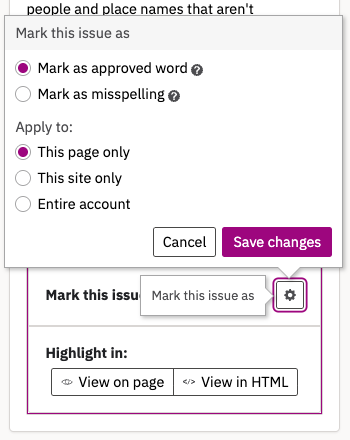 Siteimprove - misspellings remediation menu