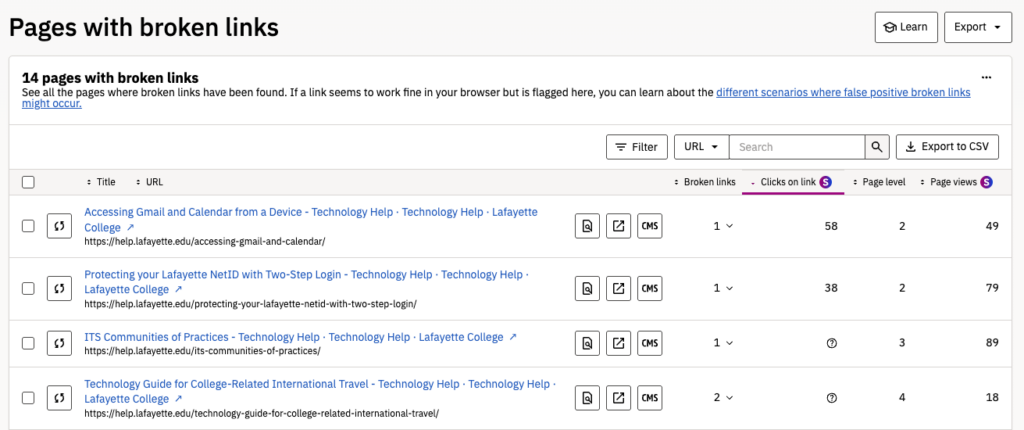 Siteimprove - pages with broken links menu